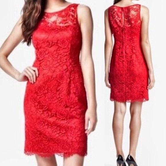 Adrianna Papell Floral Lace Overlay Sheath Dress Mini Cocktail Sleeveless Red 12 - Picture 1 of 6